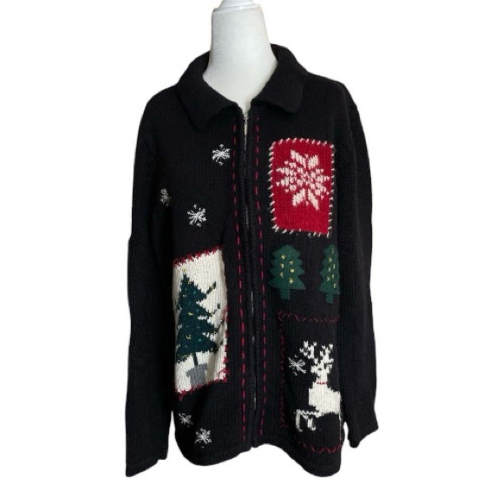 Crazy Horse Black Christmas Zip Up Cardigan Sweater XL